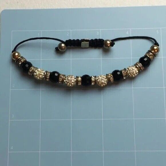 Rhinestone Bead Bracelet Black Cord Silver Tone Costume Jewelry - Picture 4 of 8